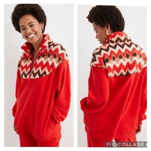 Aerie Hometown Holiday Red Chevron Sherpa Fleece Quarter Zip Sweatshirt Size L